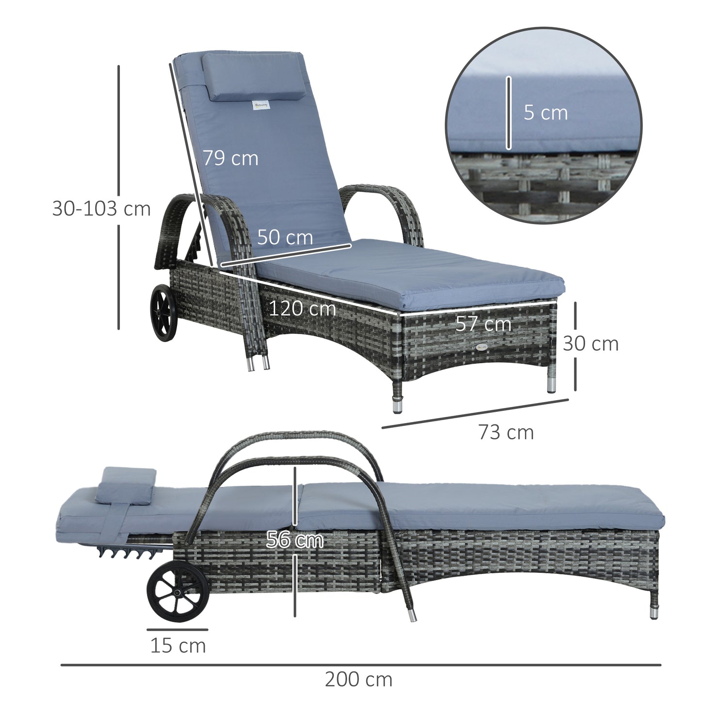 Garden Rattan Furniture Single Sun Lounger Recliner Bed Reclining Chair Patio Outdoor Wicker Weave Adjustable Headrest