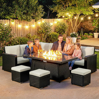 7 Pieces PE Rattan Garden Furniture Set, 50,000 BTU Gas Fire Pit Table, Double Corner Sofa and 3 Footstools
