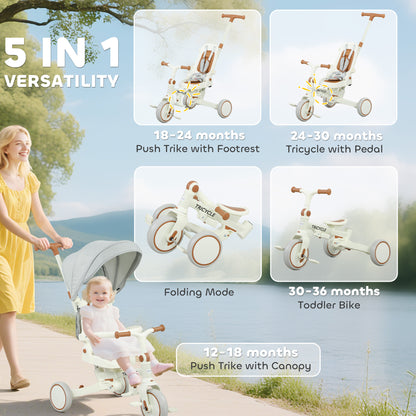 5 in 1 Kids Trike with Adjustable Backrest, Toddler Tricycle with Push Handlebar, Adjustable Backrest, Cream White