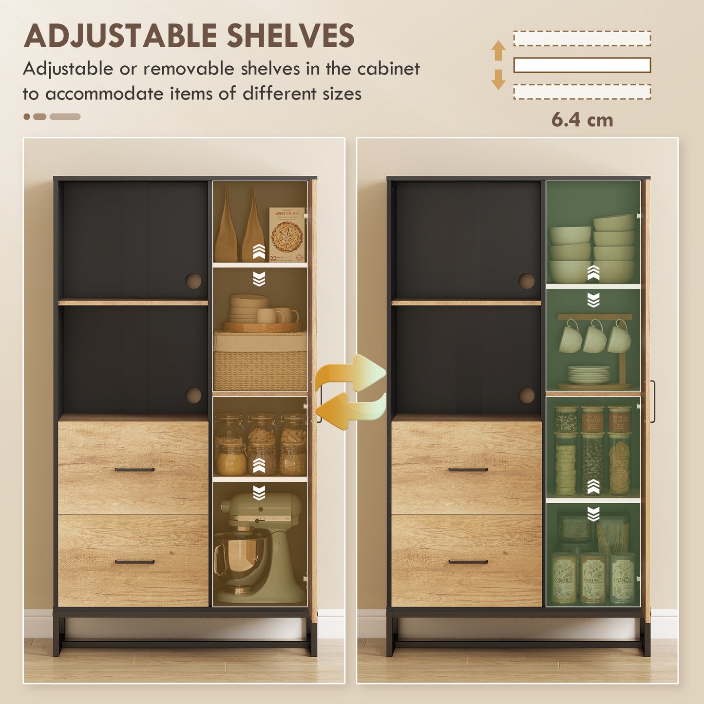 Tall Kitchen Cupboard, Freestanding Kitchen Pantry Cabinet with Adjustable Shelves, Drawers and Soft Close Door, 160cm