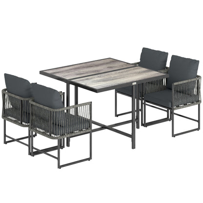 4-Seater Garden Dining Set, Rattan Outdoor Furniture with Space-Saving Chairs and Thick Cushions for Patio Balcony, Black