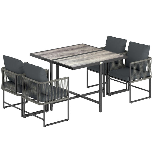 4-Seater Garden Dining Set, Rattan Outdoor Furniture with Space-Saving Chairs and Thick Cushions for Patio Balcony, Black