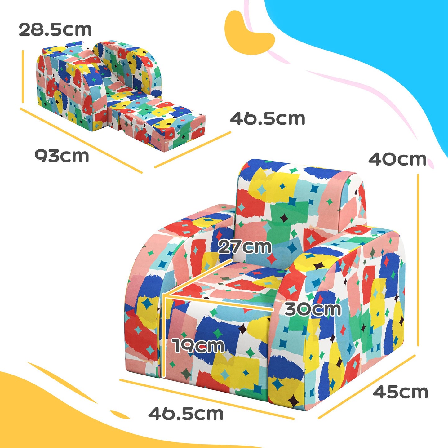 Foldable Toddler Chair Soft Snuggle Sponge Filled for Bedroom Playroom, Aged 18 Months to 3 Years - Multicoloured