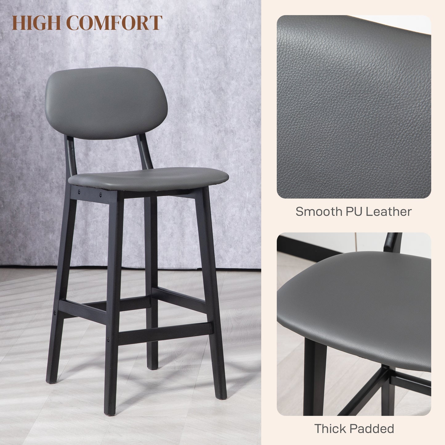 Bar Stools Set of 2, Breakfast Bar Chairs, PU Leather Upholstered Kitchen Stools with Backs, Footrests and Solid Wood Legs