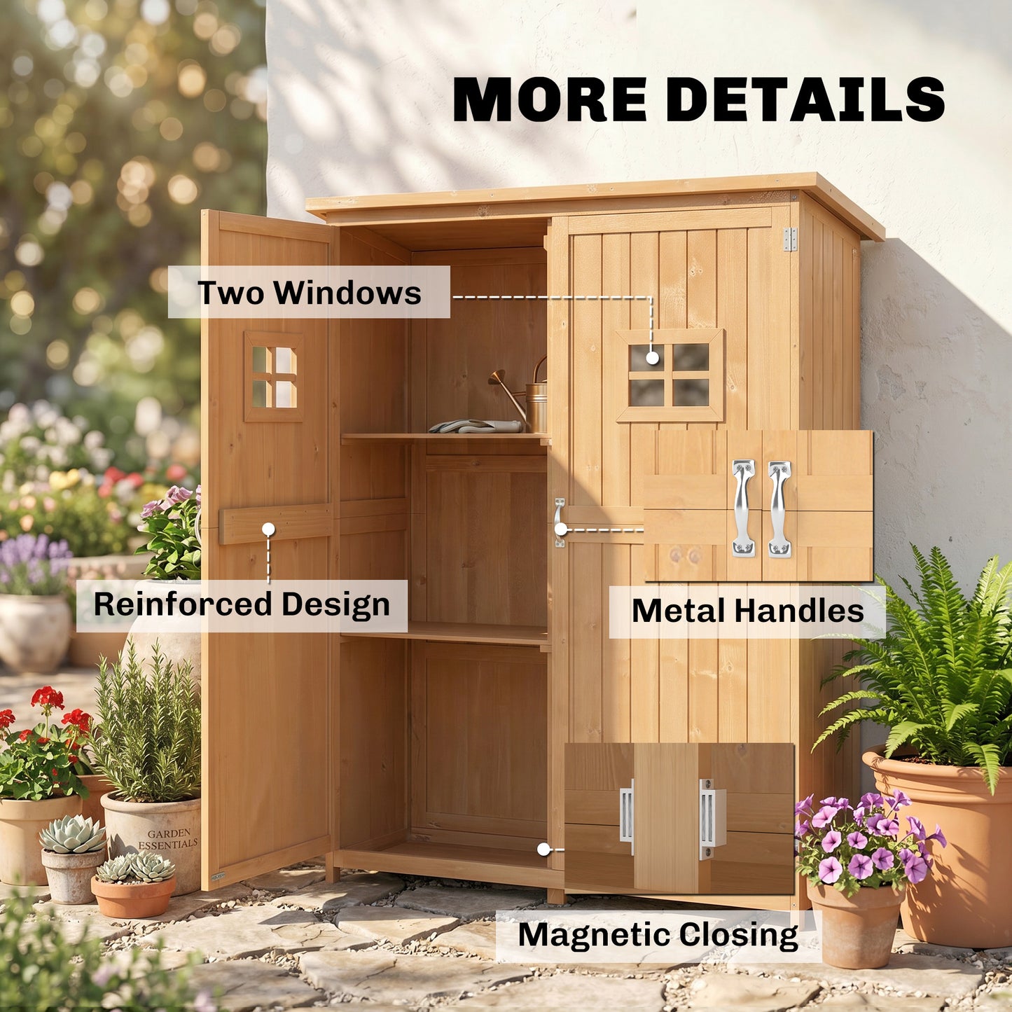 Wooden Garden Shed with Two Windows, Tool Storage Cabinet, Outdoor Double Door Organizer 127.5L x 50W x 164H cm, Natural