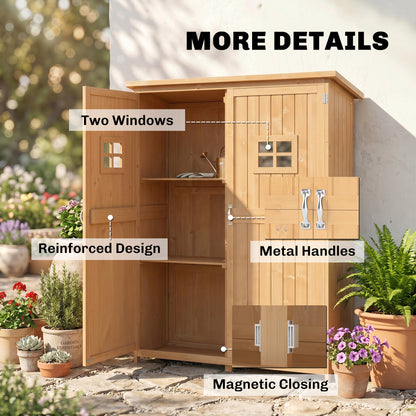 Wooden Garden Shed with Two Windows, Tool Storage Cabinet, Outdoor Double Door Organizer 127.5L x 50W x 164H cm, Natural