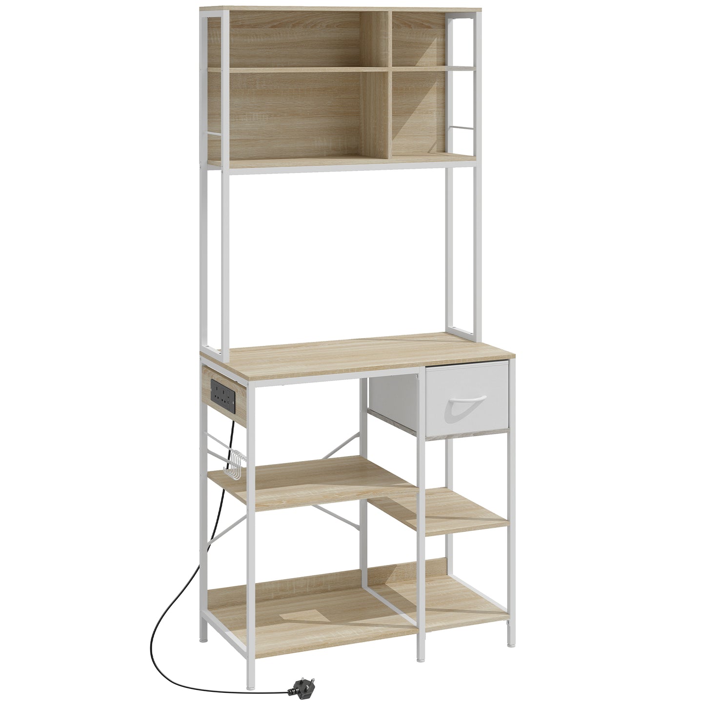 Kitchen Baker's Rack, Microwave Stand with Storage Shelves and 6 Hooks for Small Spaces