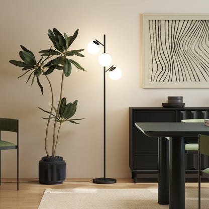 3-Light Tree Floor Lamps for Living Room, Modern Standing Lamp for Bedroom with Globe Lampshade, Steel Base