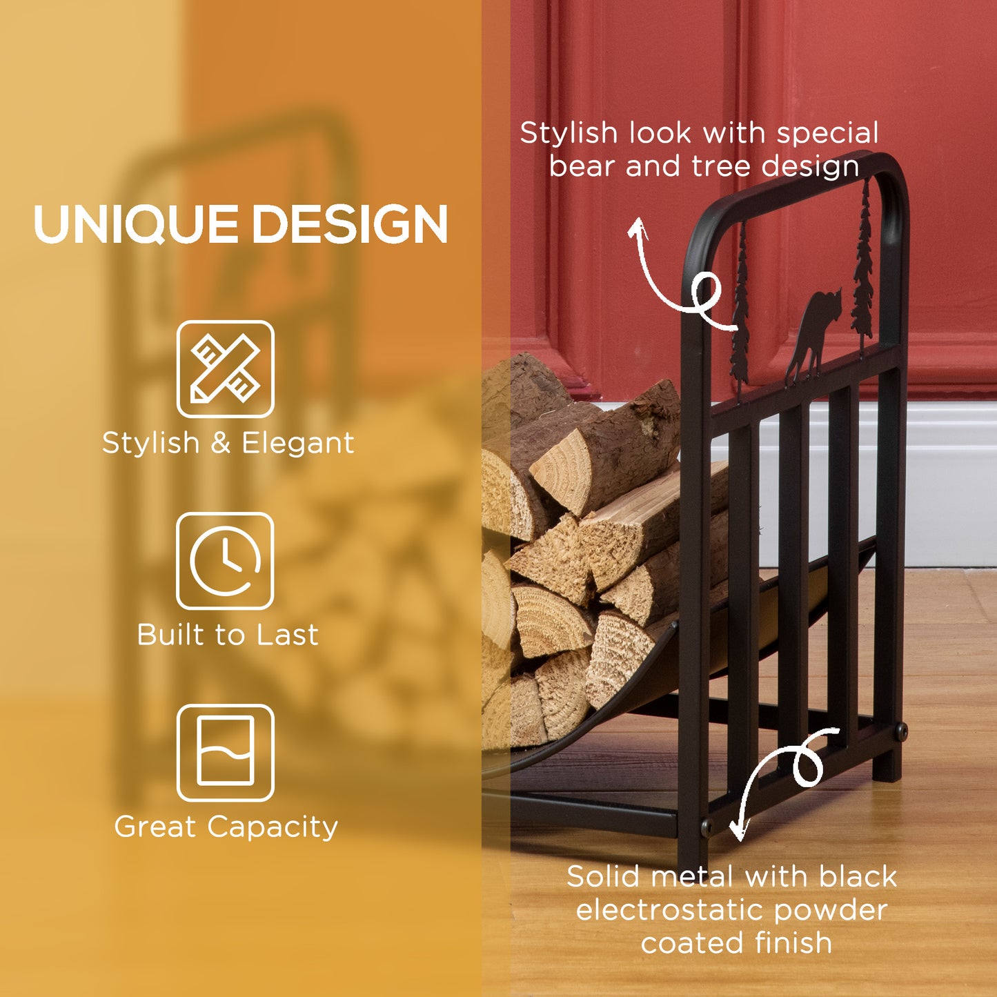 Metal Firewood Log Holder Indoor Outdoor Firewood Rack Inner Arced Fireplace Wood Storage Shelf w/ Bear Shape Design