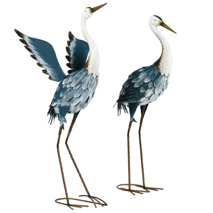 Heron Garden Statues, Standing Garden Ornament, Metal Garden Gift with Stakes, Blue & White