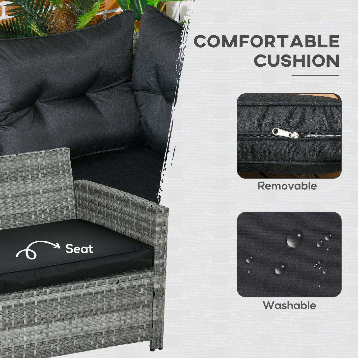 5-Piece Rattan Patio Furniture Set with Corner Sofa, Footstools, Glass Coffee Table, Cushions, Mixed Grey