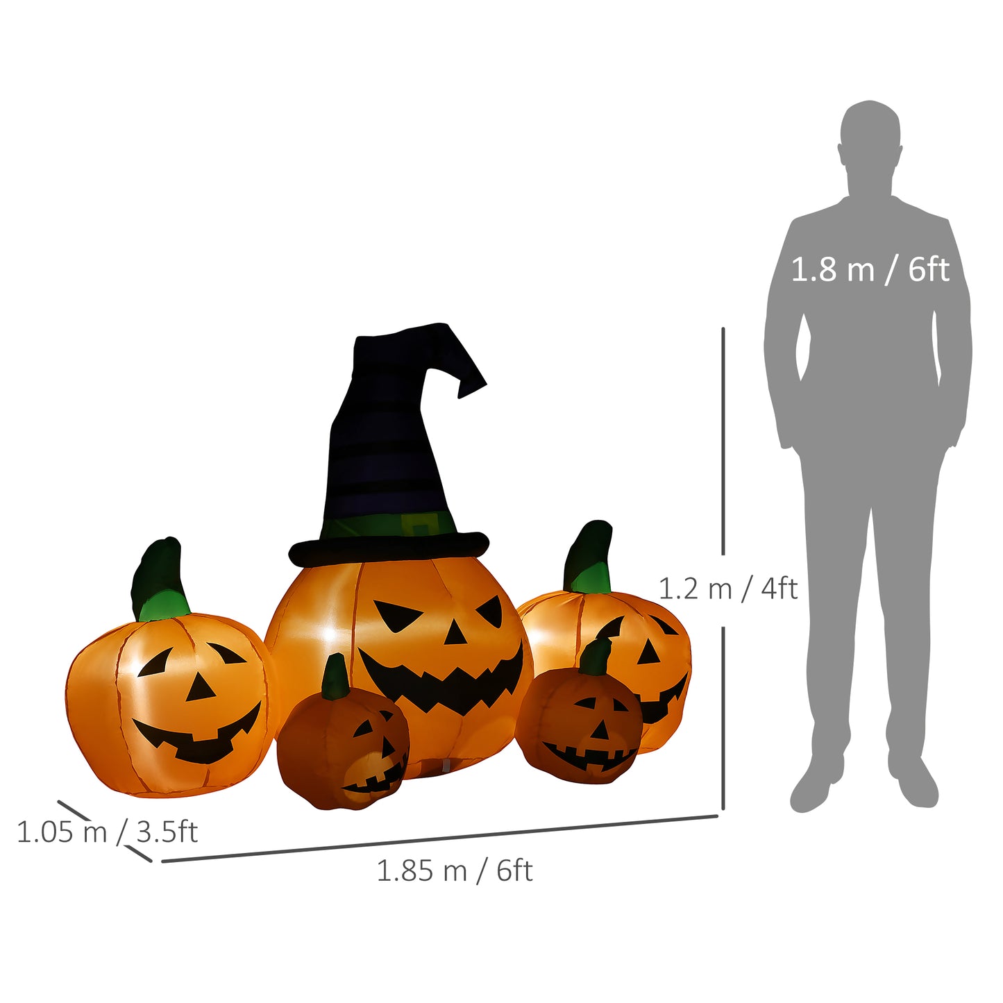 6ft Inflatable Halloween Large Pumpkin in Hat with Four Small Pumpkins, Blow-Up Outdoor LED Display for Lawn, Garden, Party