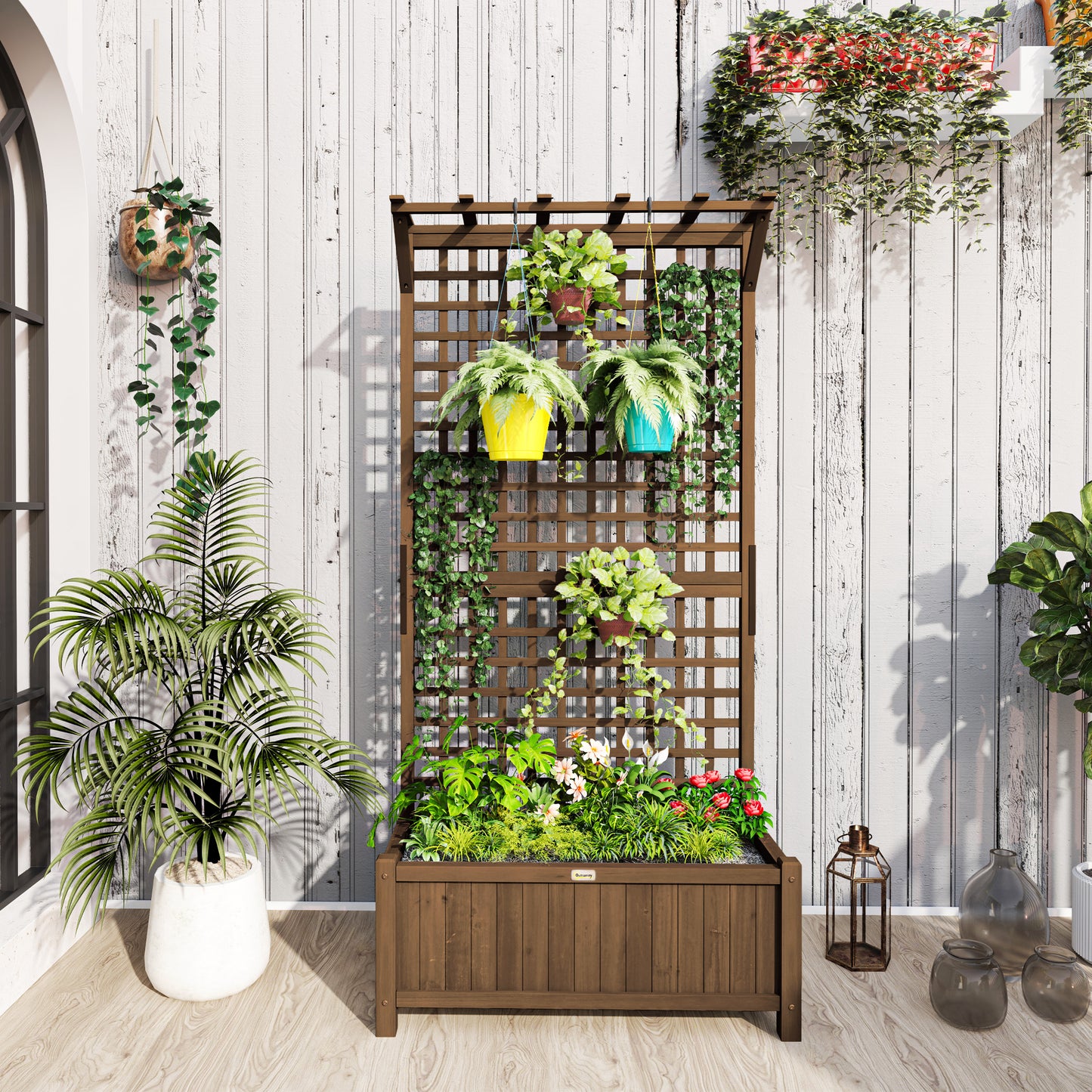 Raised Bed with Drainage Holes, Wood Planter with Trellis for Climbing Plants to Grow Vegetables, Flowers, Brown