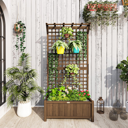 Raised Bed with Drainage Holes, Wood Planter with Trellis for Climbing Plants to Grow Vegetables, Flowers, Brown