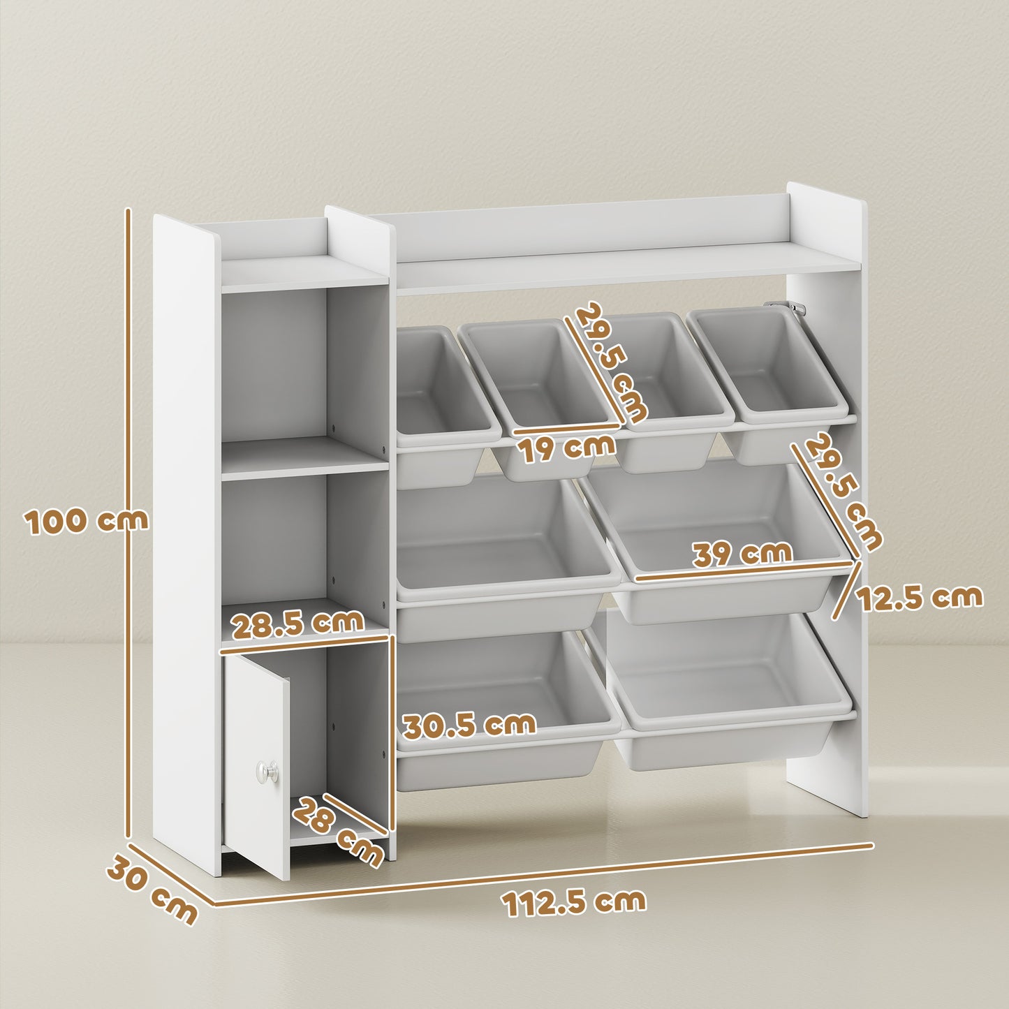 Toy Storage Unit with 8 Removable Bins, Storage Shelves, Cabinet, White