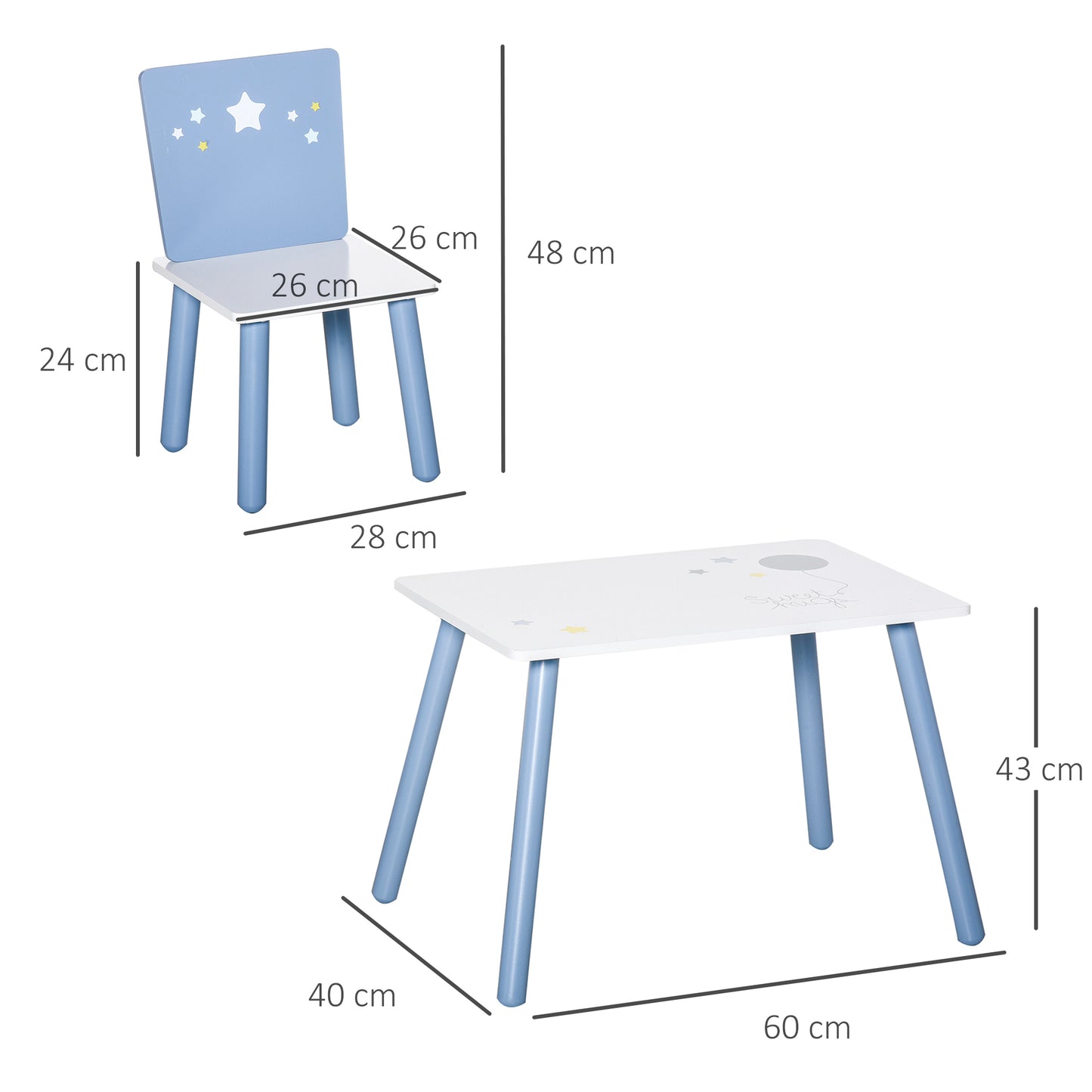 3 Pcs Kids Table & Chairs Set w/ Wood Legs Safe Corners Cute Stars Seating Mini Furniture Home Playroom Bedroom Dining Room B