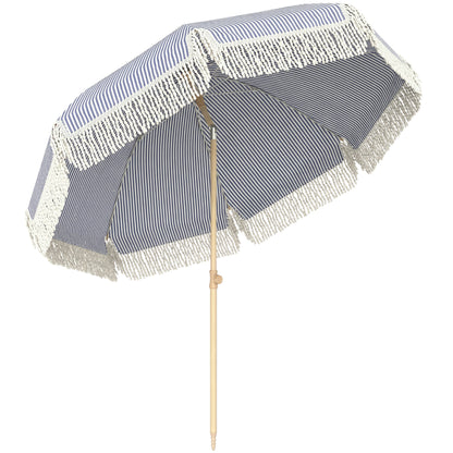 1.7 m Beach Umbrella with Sand Anchor, 30° Tilting Fringed Beach Garden Parasol with Adjustable Height, Blue