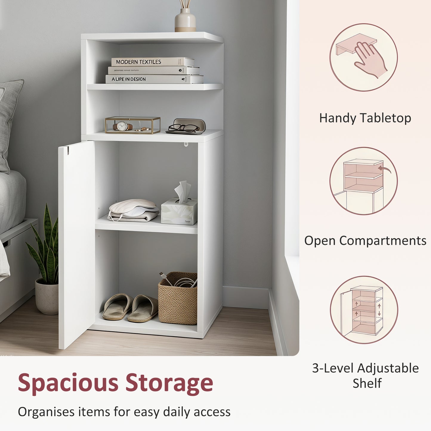 Slim Bedside Table Set of 2, Narrow Bedside Cabinet with Open Cubbies and Cupboard for Bedroom Living Room, White