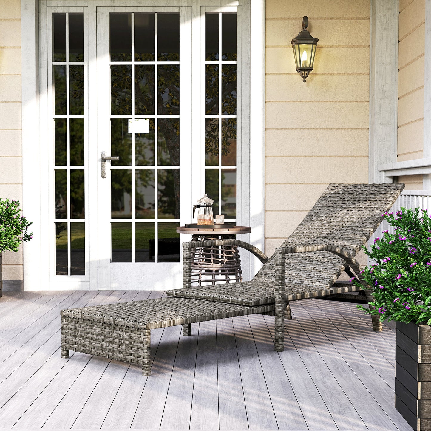 Reclining Rattan Lounger, with Extending Footrest - Grey