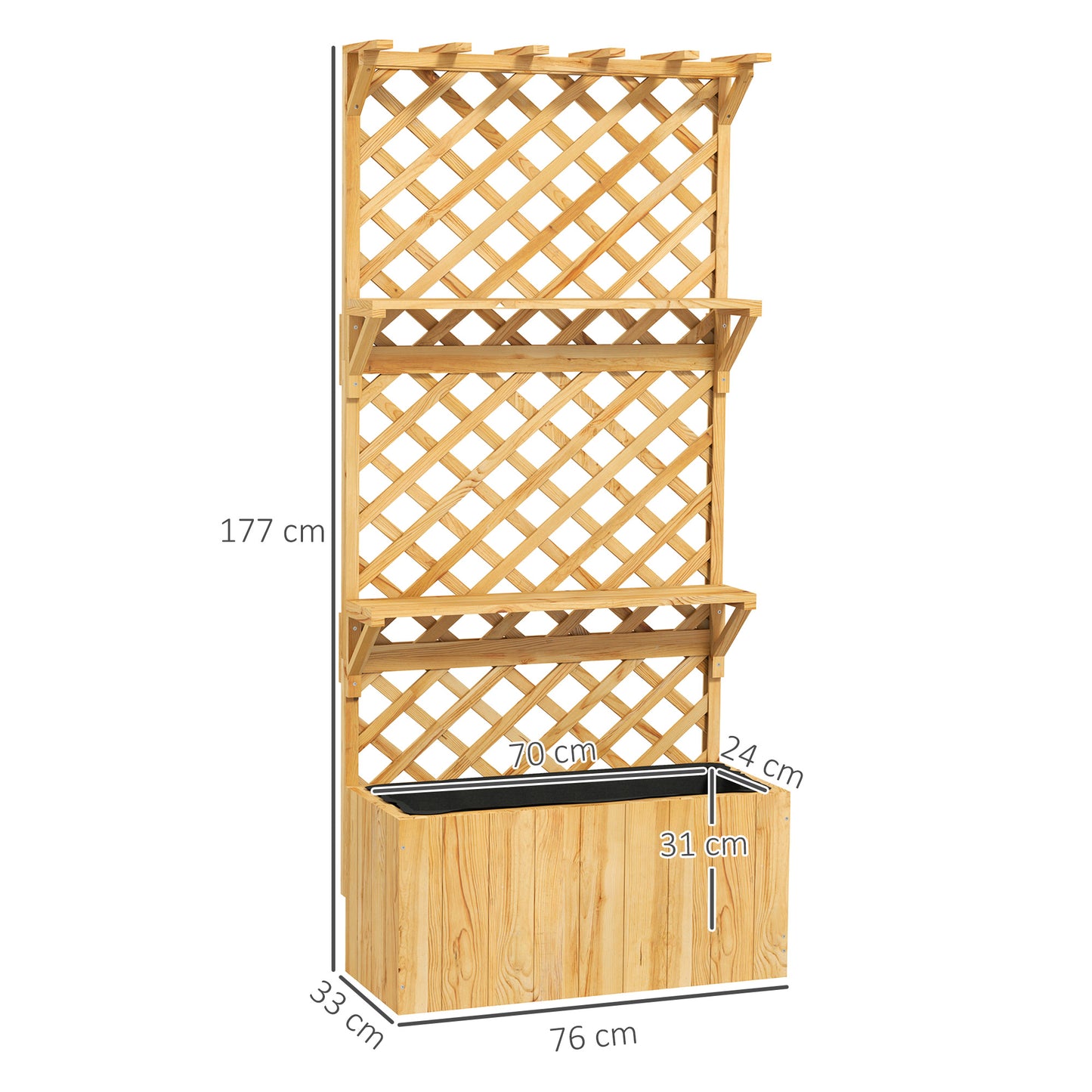 52L Wooden Planter, with Trellis and Shelves - Natural Finish