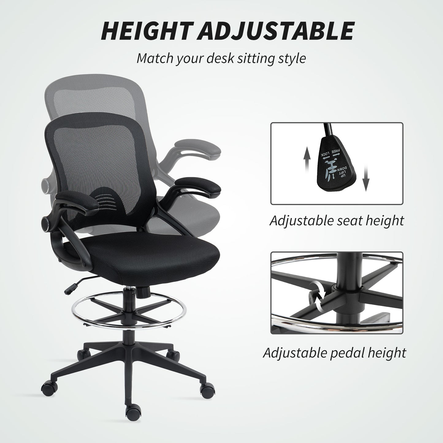 Drafting Chair with Flip-up Armrest, Mesh Office Stool with Foot Ring