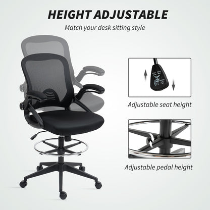 Drafting Chair with Flip-up Armrest, Mesh Office Stool with Foot Ring