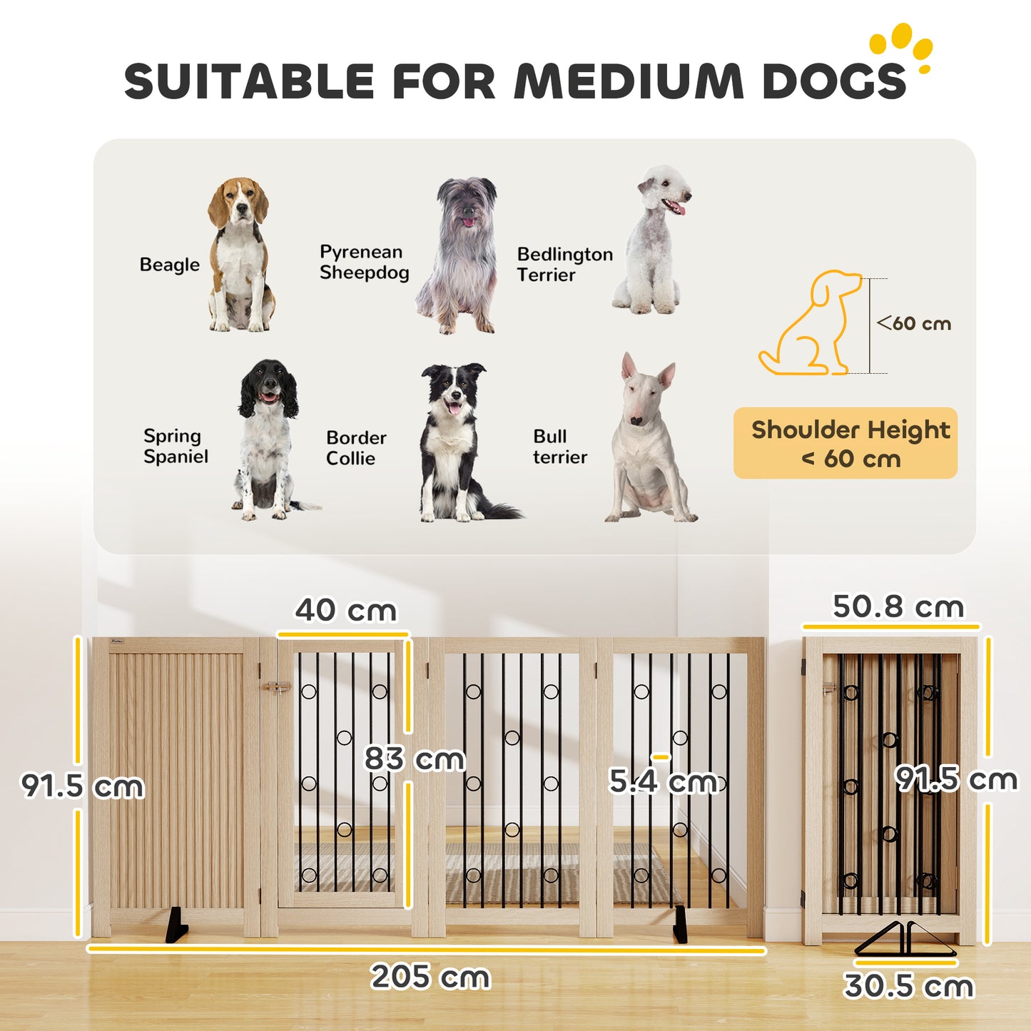 4 Panel Freestanding Pet Gate, Indoor Dog Barrier with Lockable Door, Support Feet, 360° Flexible Hinges, Oak