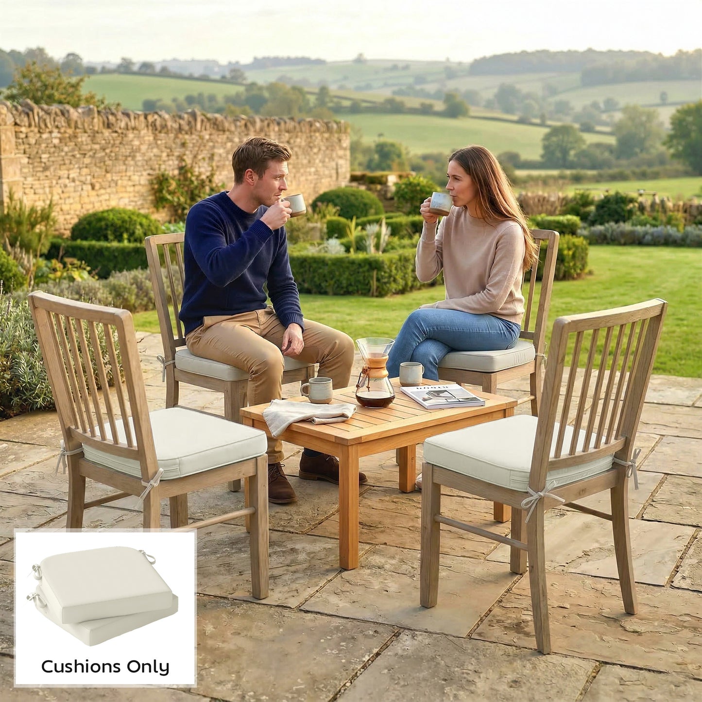 Outdoor Chair Seat Cushions Set of 2, Garden Chair Cushions with 7cm Thick Foam & Ties, Cream White