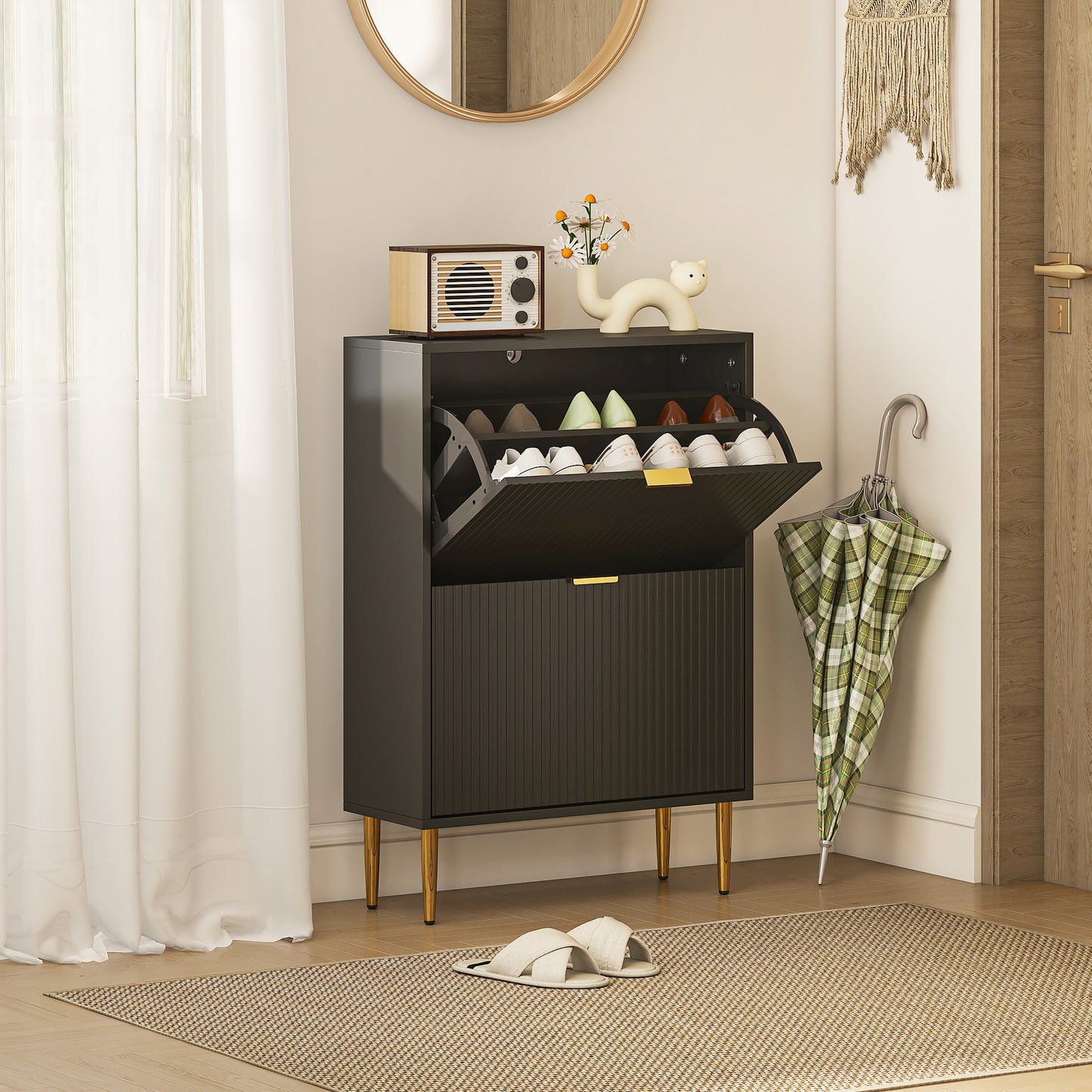 Elegant Two-Drawer Shoe Cabinet - Black