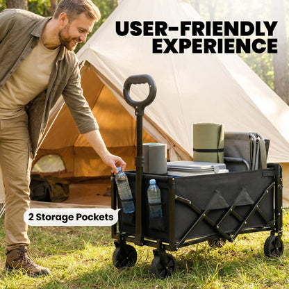 60L Foldable Festival Trolley on Wheels, Collapsible Wagon Cart with Drop-Down Tailgate, Adjustable Handle, Black