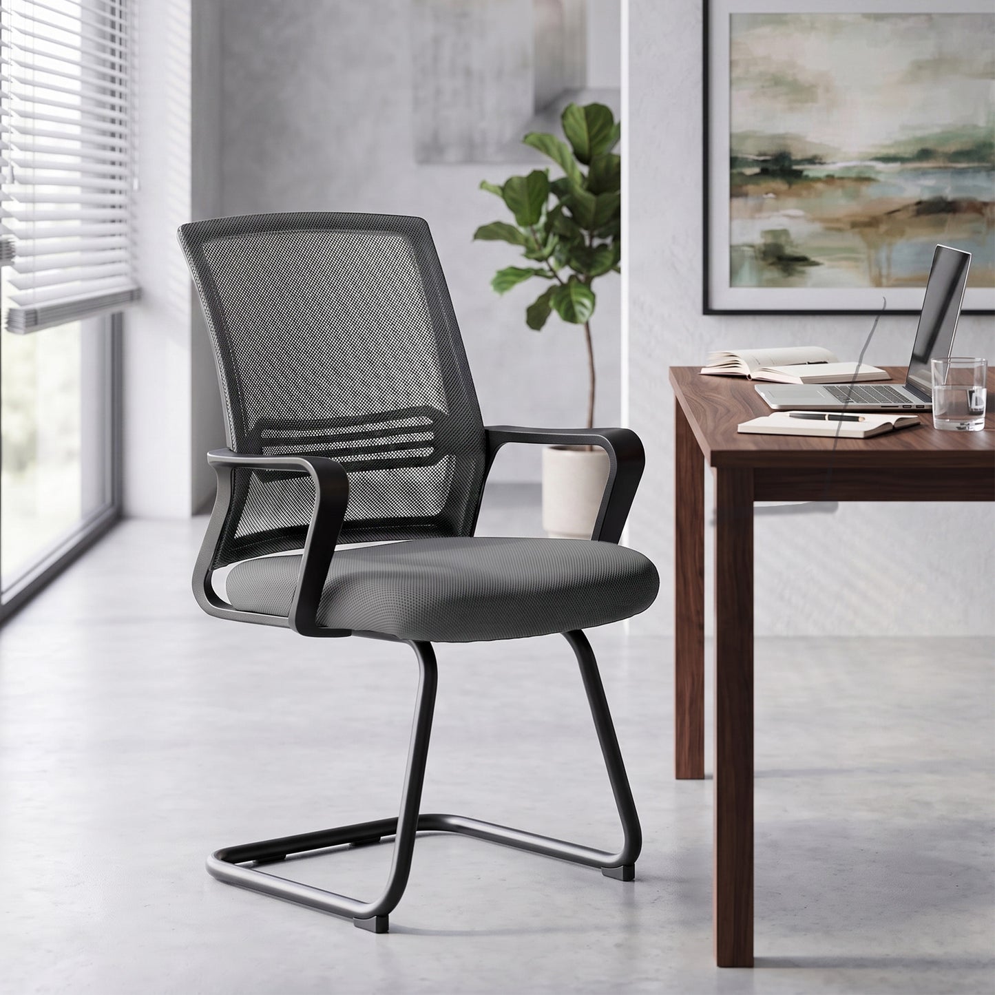 Padded Meeting Office Chair, Ergonomic Desk Chair No Wheels with Sled Base for Bedroom, Waiting, Reception, Dark Grey