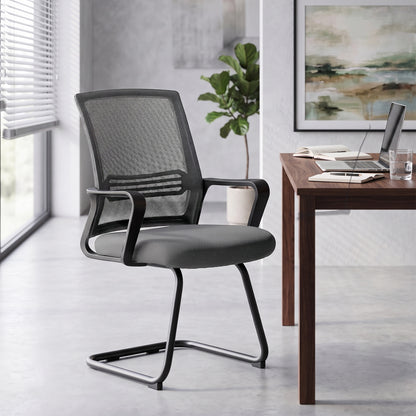 Padded Meeting Office Chair, Ergonomic Desk Chair No Wheels with Sled Base for Bedroom, Waiting, Reception, Dark Grey
