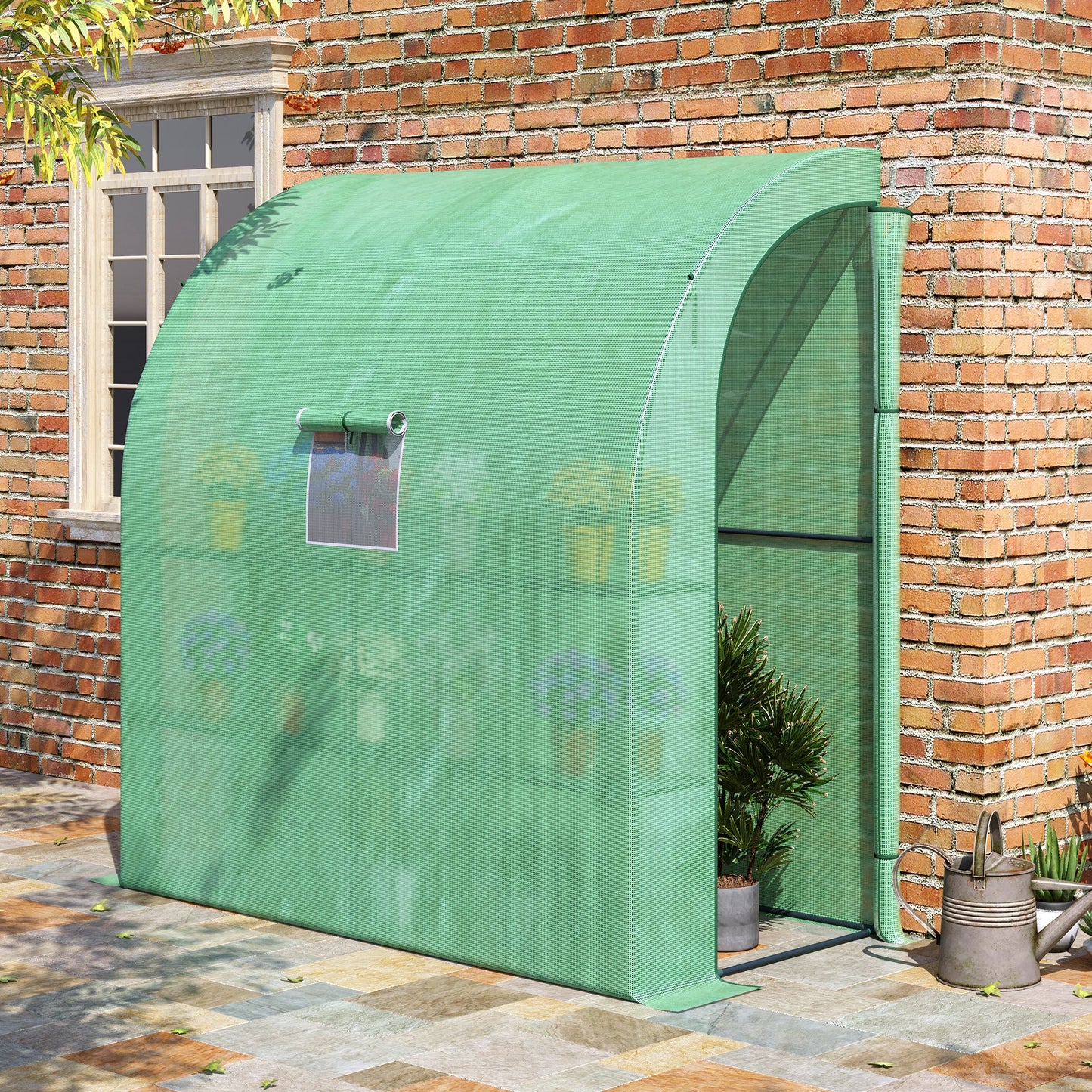 Small Lean to Greenhouse 3-Tier with Shelves Outdoor, Green