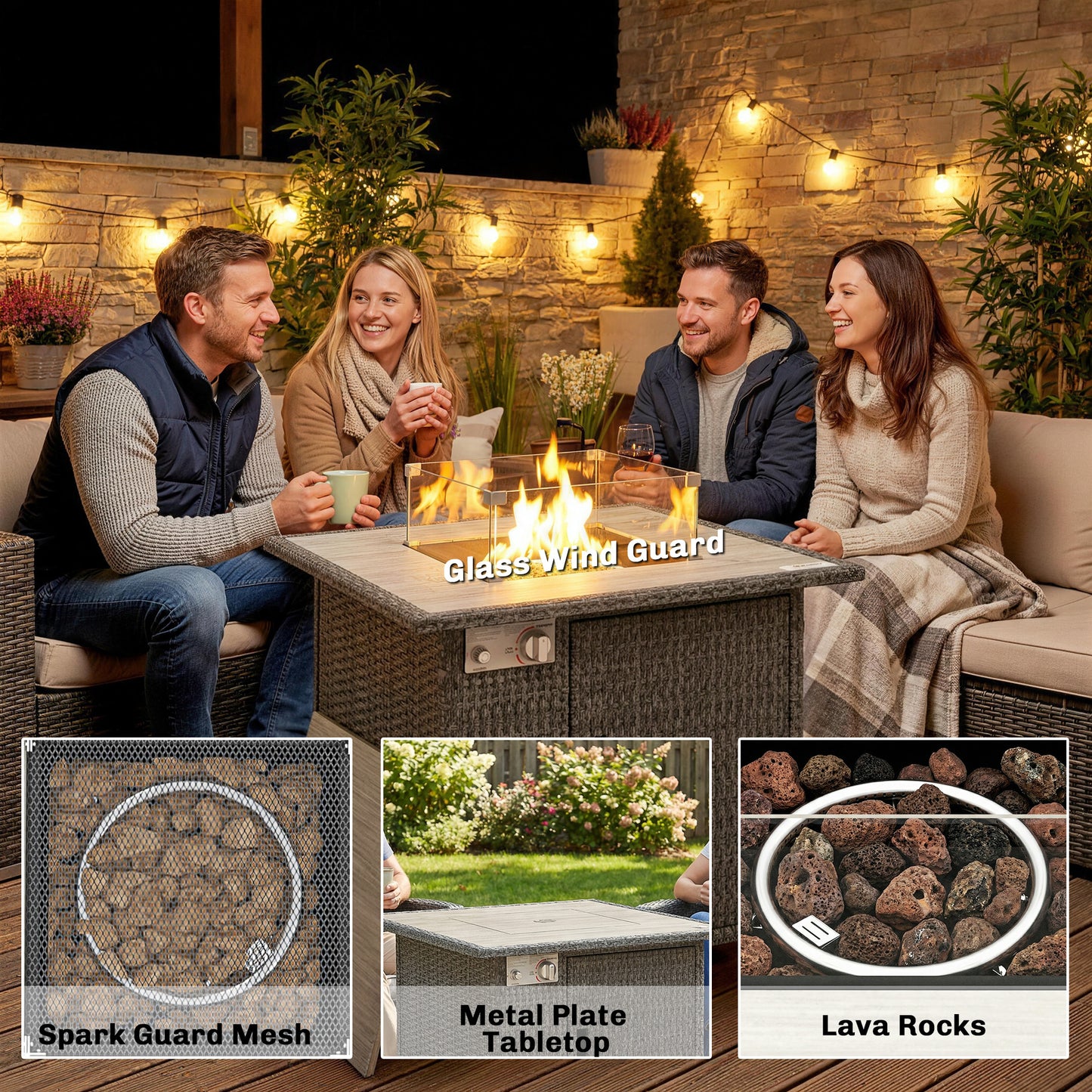 14.5 KW Rattan Gas Fire Pit Dining Table with Rain Cover, Wind Guard, Lid, Lava Rocks, Dark Grey