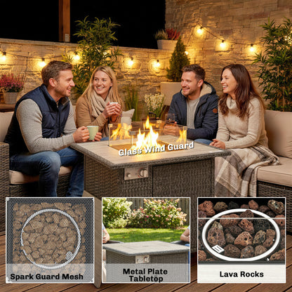 14.5 KW Rattan Gas Fire Pit Dining Table with Rain Cover, Wind Guard, Lid, Lava Rocks, Dark Grey
