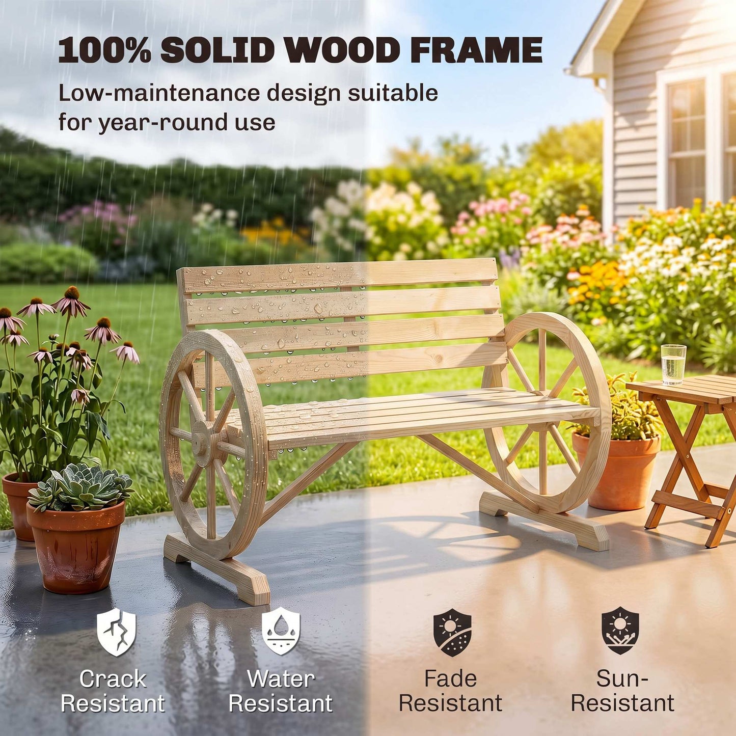 Wagon Wheel Chair Bench Armrest Rustic Loveseat Wood Outdoor Garden, Natural