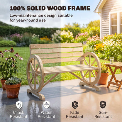 Wagon Wheel Chair Bench Armrest Rustic Loveseat Wood Outdoor Garden, Natural