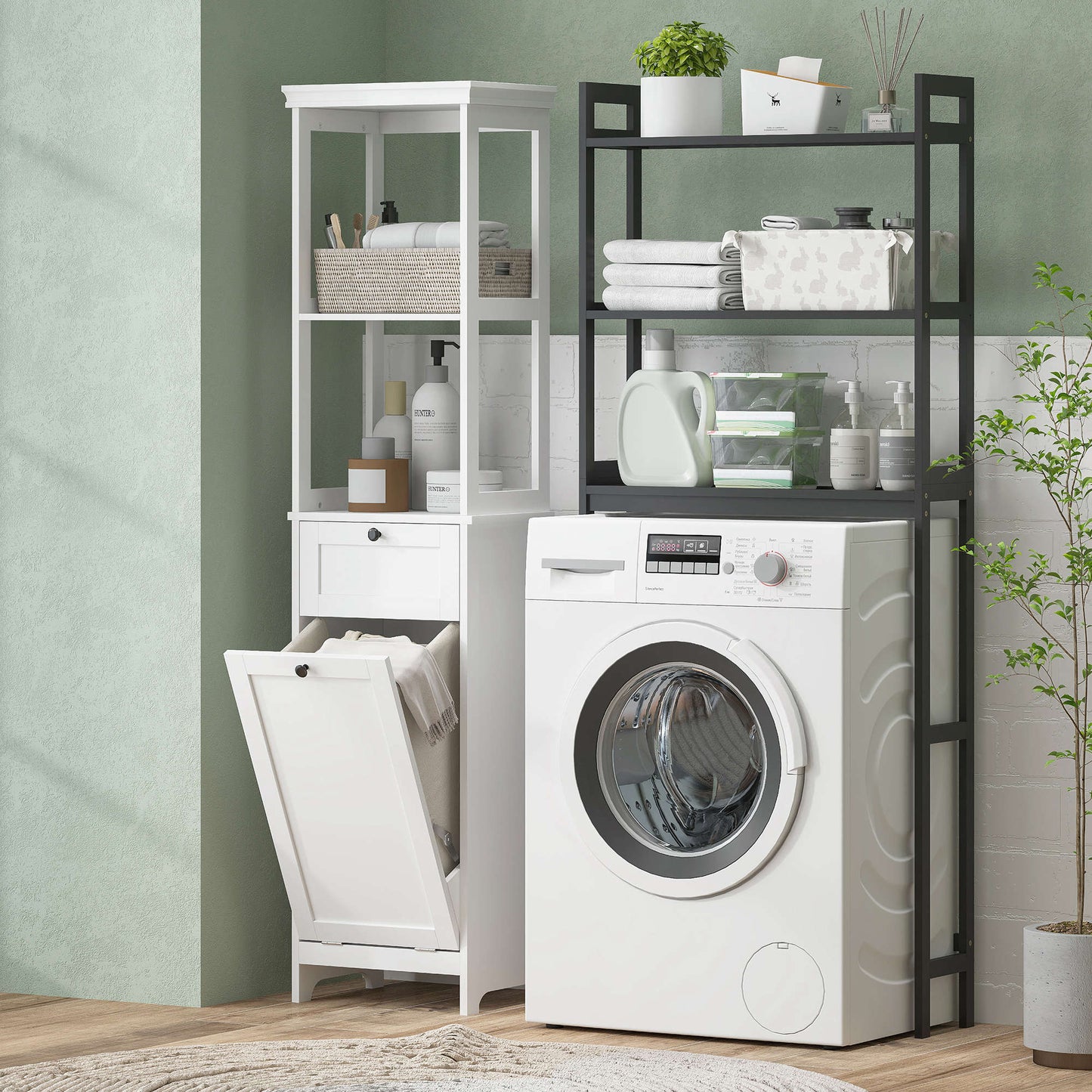 Tall Bathroom Cabinet, with Laundry Basket - White