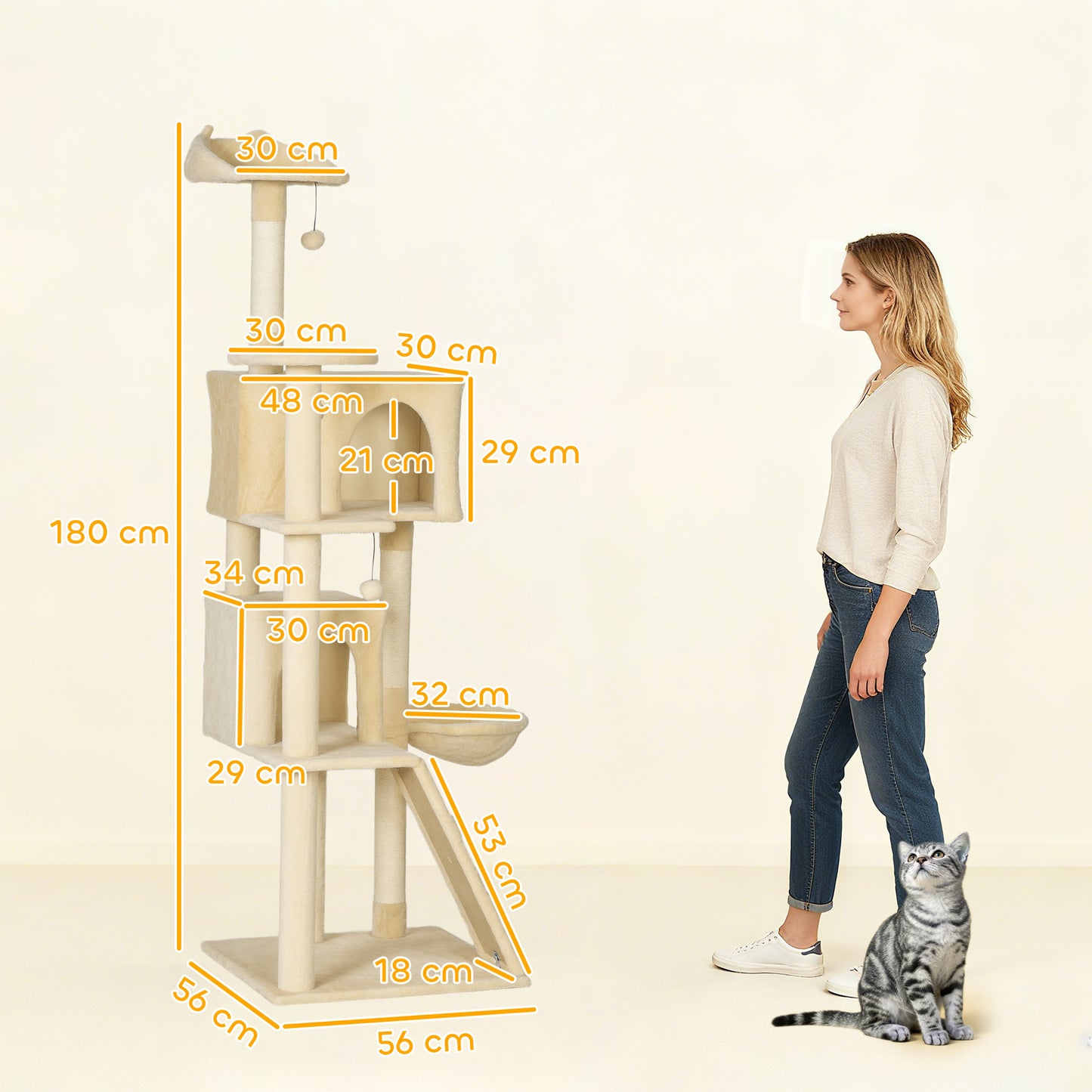 180cm Large Cat Tree Tower with Sisal Scratching Posts, Condos, Plush Perches, Hammock, Ladder, Beige
