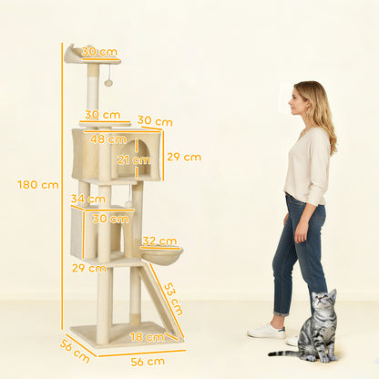 180cm Large Cat Tree Tower with Sisal Scratching Posts, Condos, Plush Perches, Hammock, Ladder, Beige