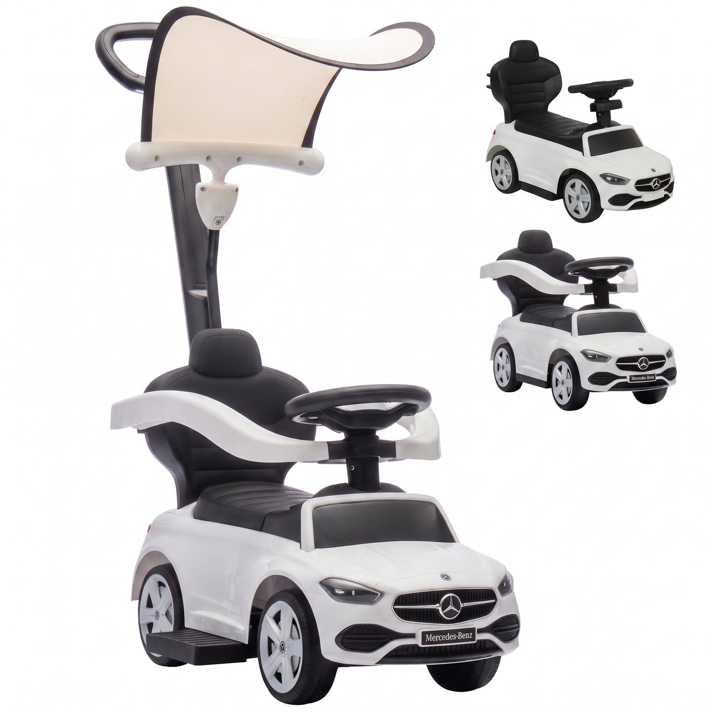 3 in 1 Licensed Benz Ride on Push Car with Handle, Canopy, Guardrails, Horn, Music, Storage for 12-36 Months, White