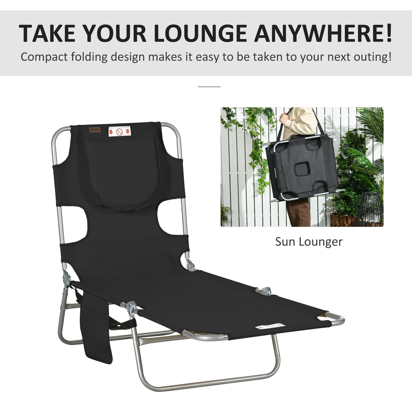 Foldable Sun Lounger, Beach Chaise Lounge with Reading Hole, Arm Slots, 5-Position Adjustable Backrest, Side Pocket