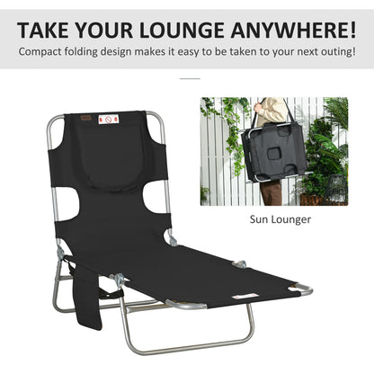 Foldable Sun Lounger, Beach Chaise Lounge with Reading Hole, Arm Slots, 5-Position Adjustable Backrest, Side Pocket
