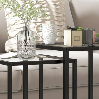 Nesting Tables Set of 2, Side End Table with Tempered Glass Top and Steel Frame for Living Room, Bedroom, Black
