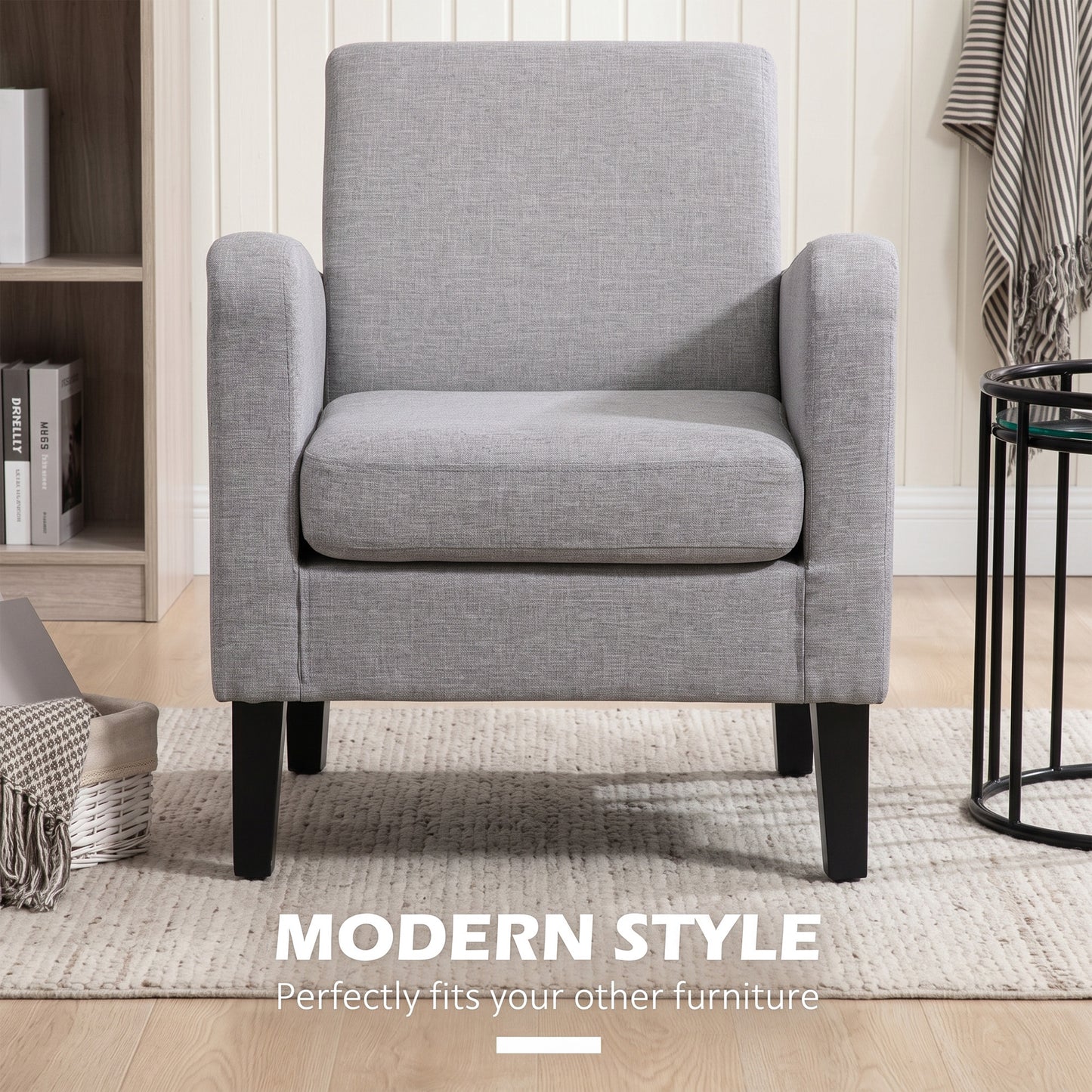 Linen-Look Boxy Armchair - Light Grey