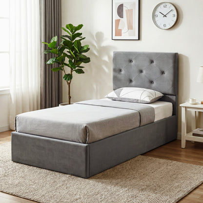 Single Bed Frame Gas End Lift Under Bed Storage Upholstered Platform Bed Tufted Headboard for 90 x 190 cm Mattress