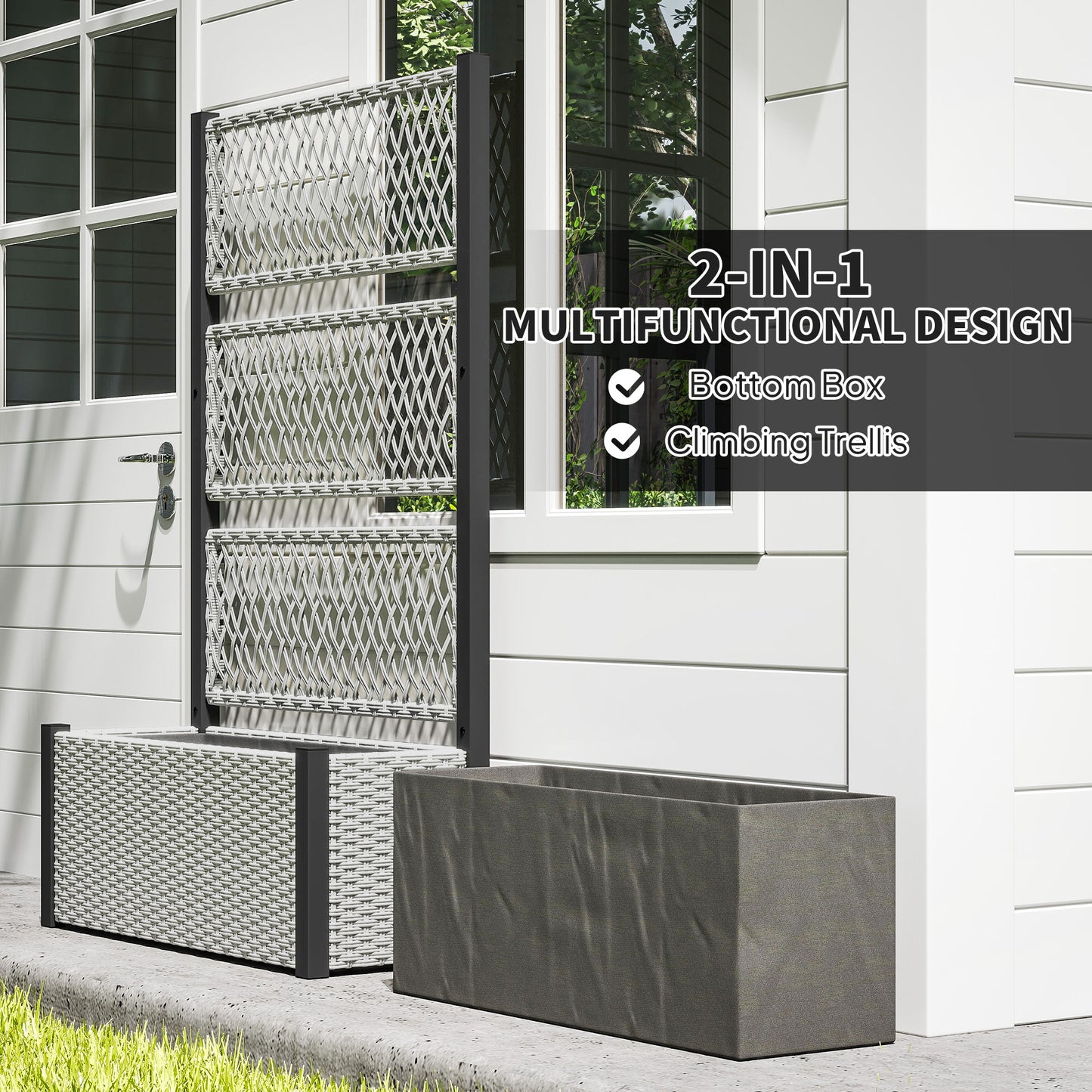 Garden Planter Box with Trellis, Liner for Climbing Plants, Vegetables, Flowers, Mixed-grey