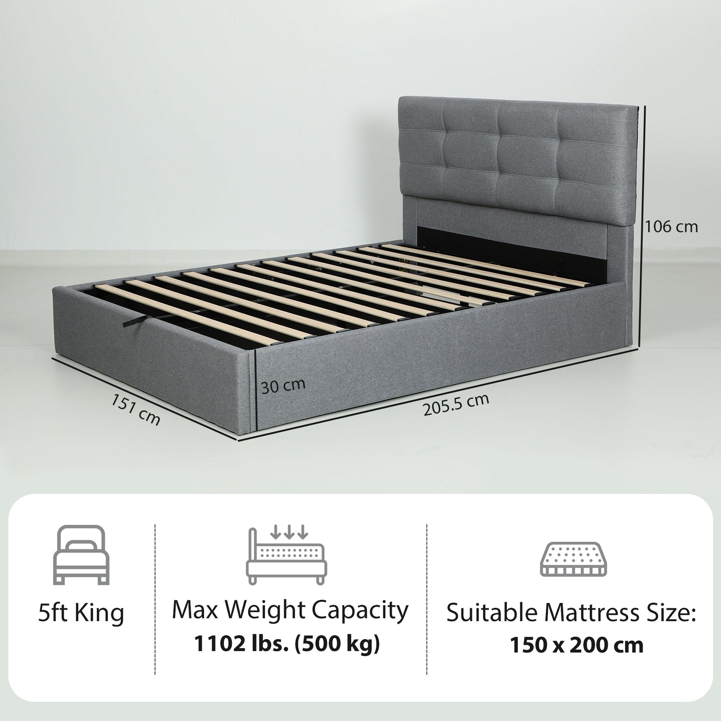 5ft King Ottoman Bed with Gas Lift Storage - Grey