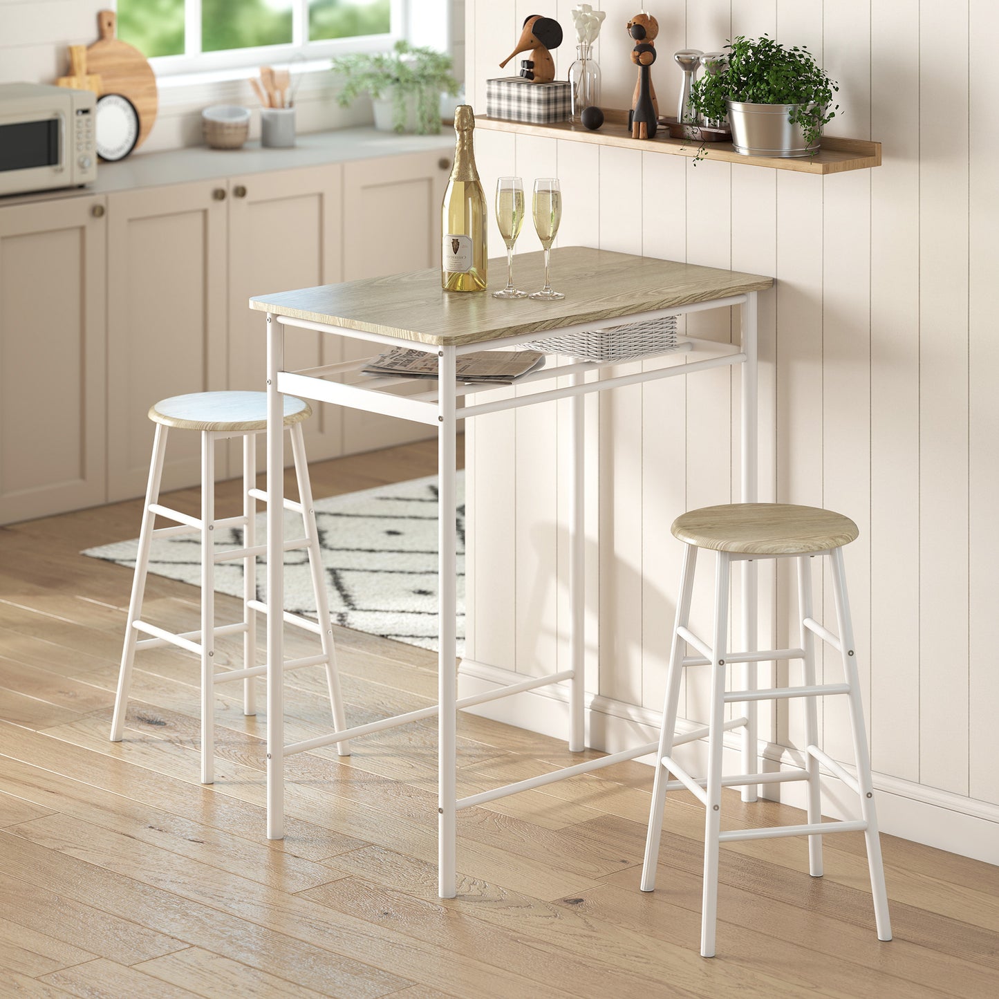 Bar Table Set, Bar Table and Stools Set, Footrest and Storage Shelf, for Kitchen, Dining Room, Pub, Cafe, White and Oak