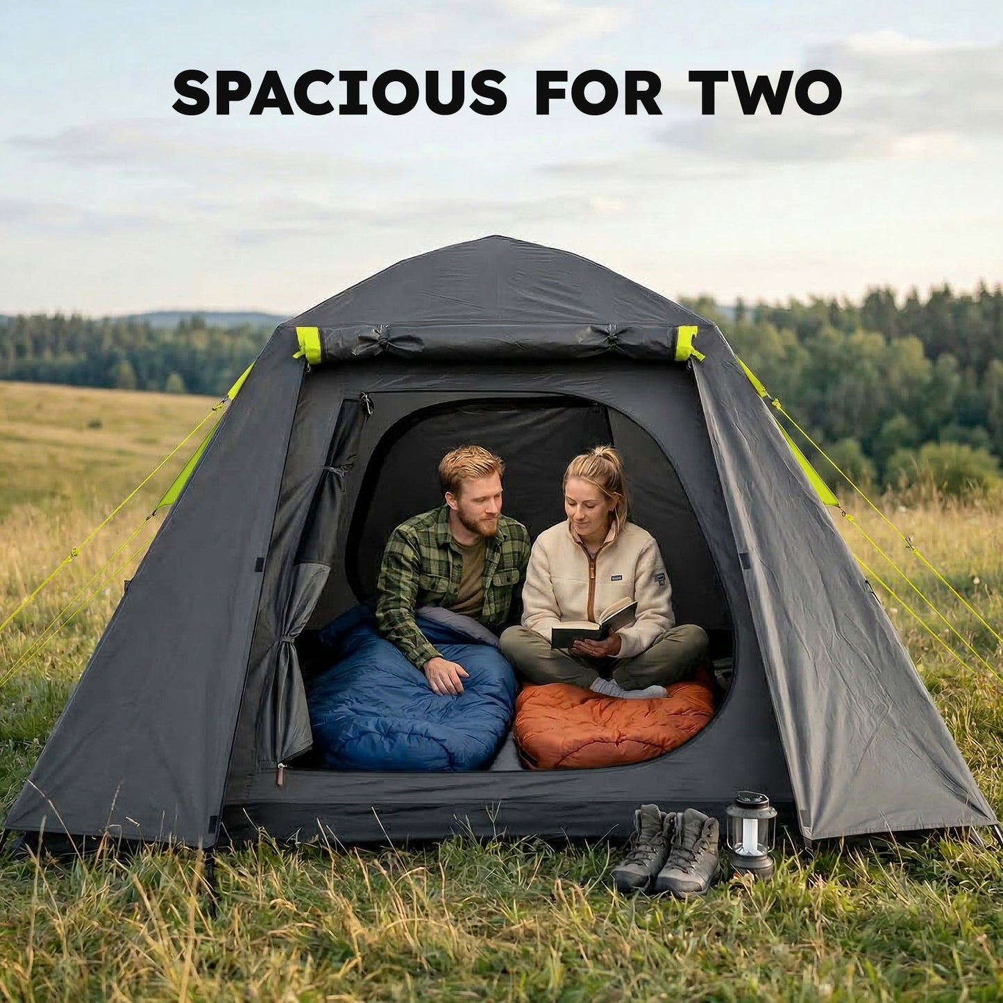 Camping Tent 3000mm Waterproof Tent with 2 Doors for 2 Person, Grey & Green